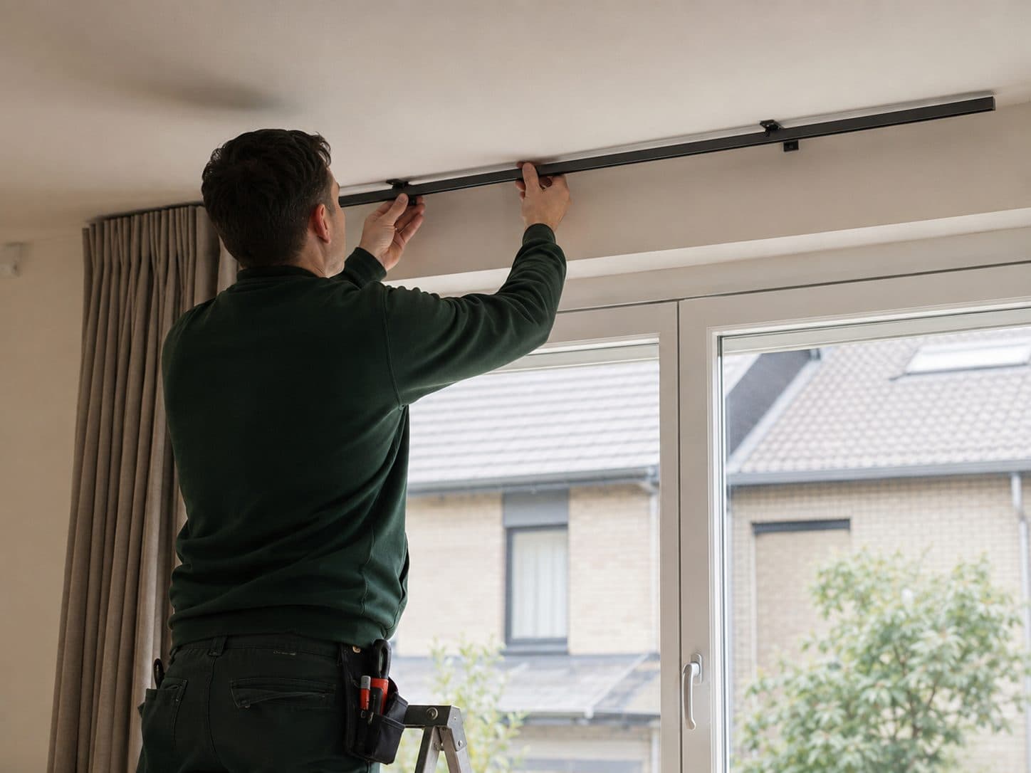Gordijnrail die aan een plafond boven een raam wordt geplaatst