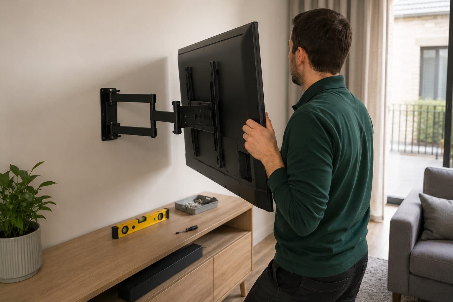 Televisie die met een beugel aan een muur wordt opgehangen