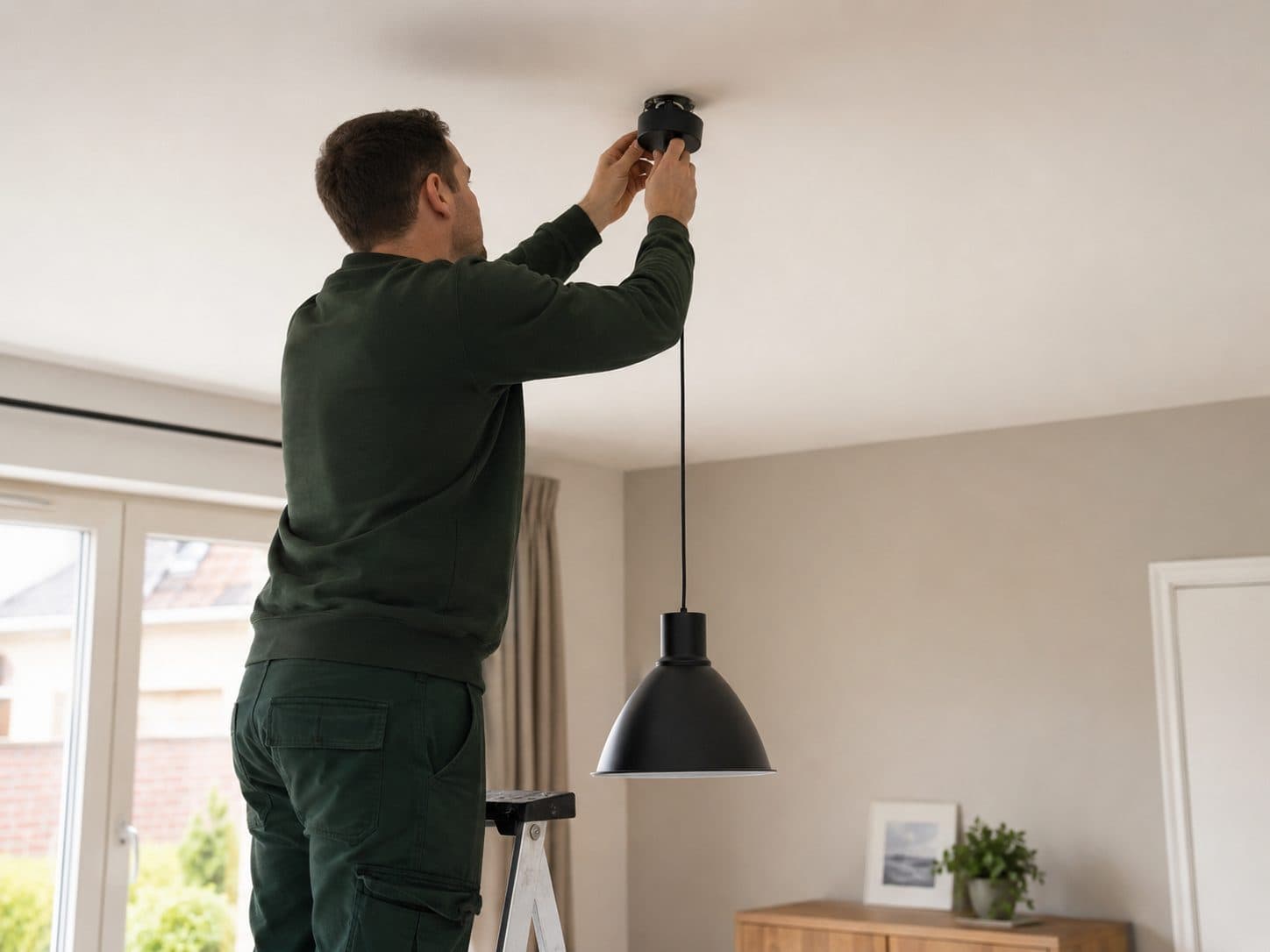 Hanglamp die aan een plafond wordt opgehangen en aangesloten