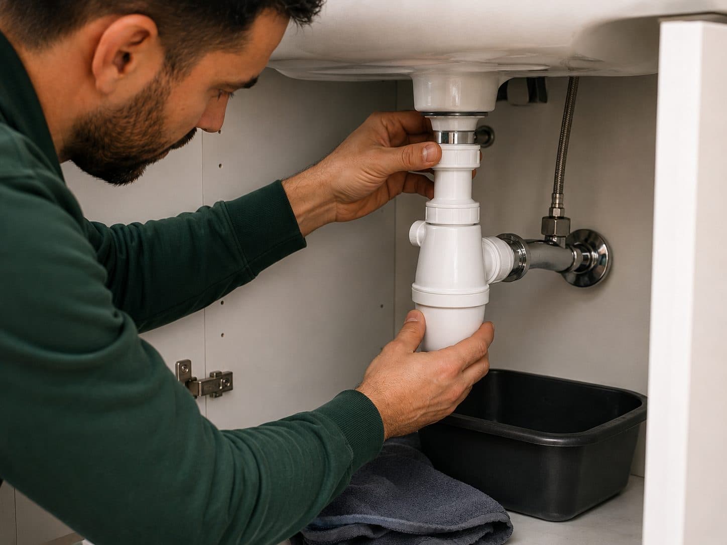 Sifon onder een lavabo die lekt en vervangen wordt